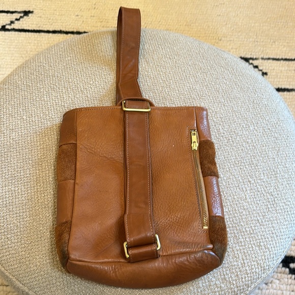 Cognac checkered sling or bucket bag around 11” by 12” with adjustable strap. - Picture 2 of 4